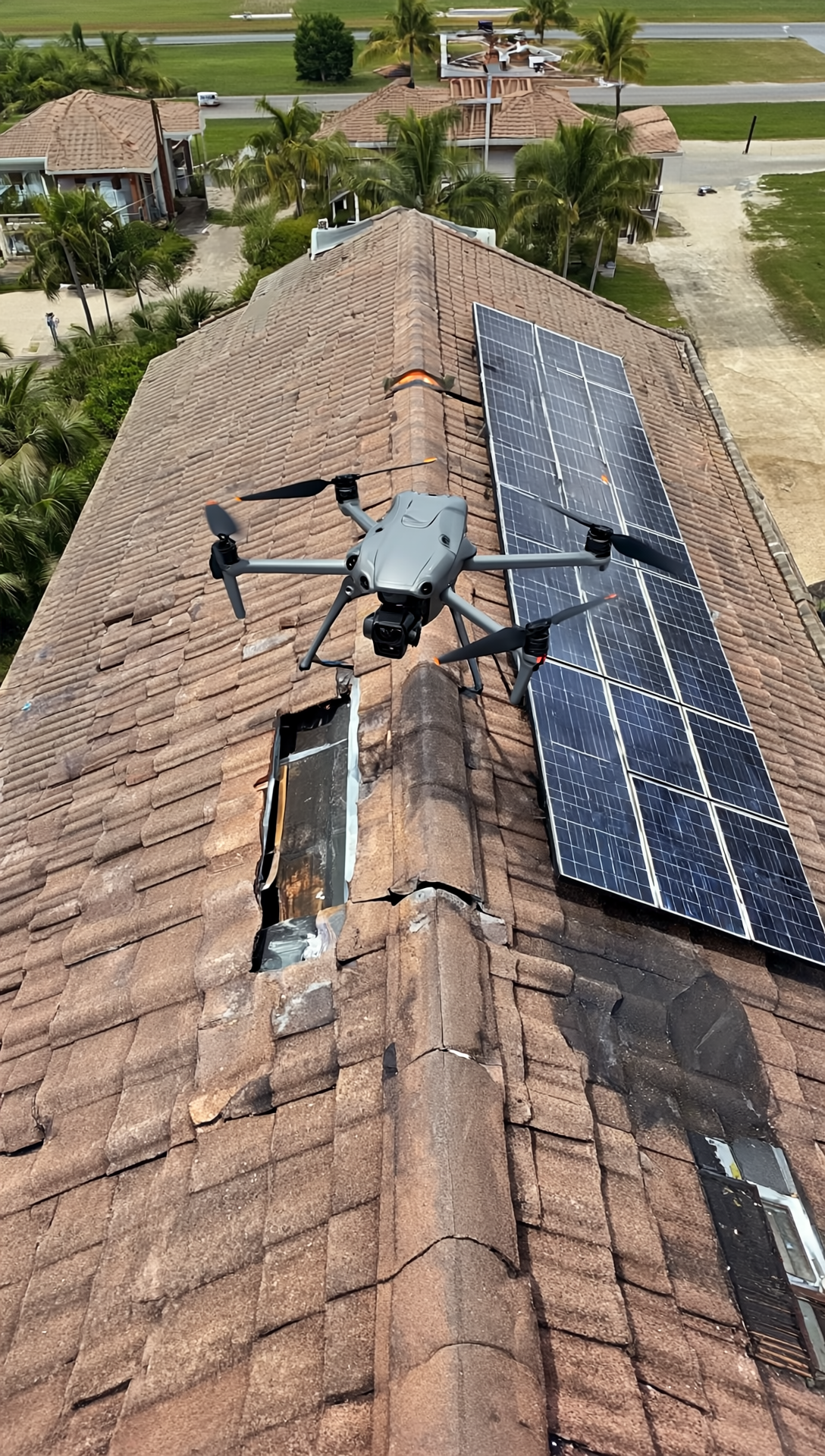 gen4 vertical 916, drone visibly flying over a real residential roof smooth top down and later a 2